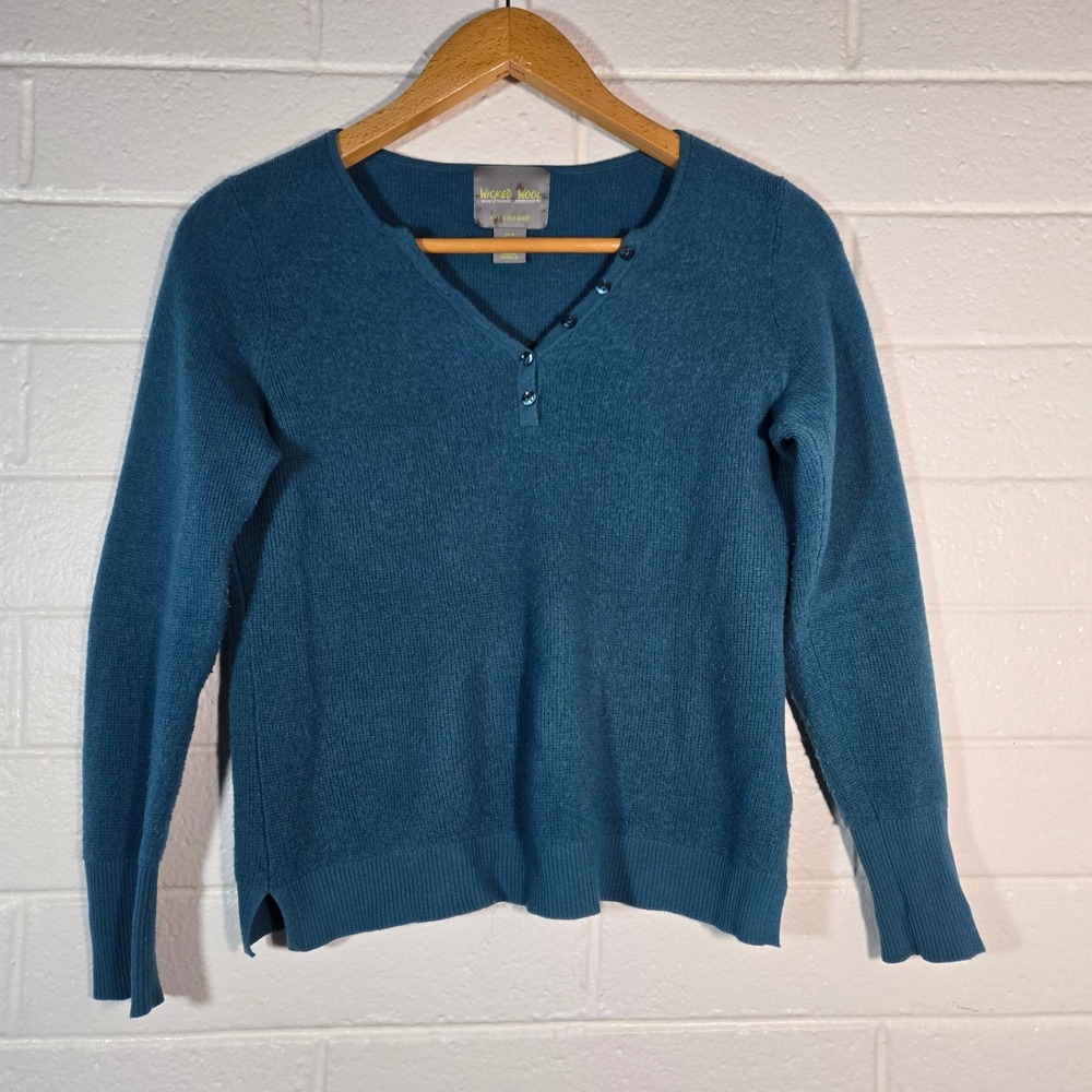 Wicked Wool Henley Sweater Medium‎ Blue Merino Wool Pullover Base Layer Gorpcore